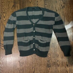 American Eagle Outfitters Light Green/Dark Green Striped Cardigan with Pockets